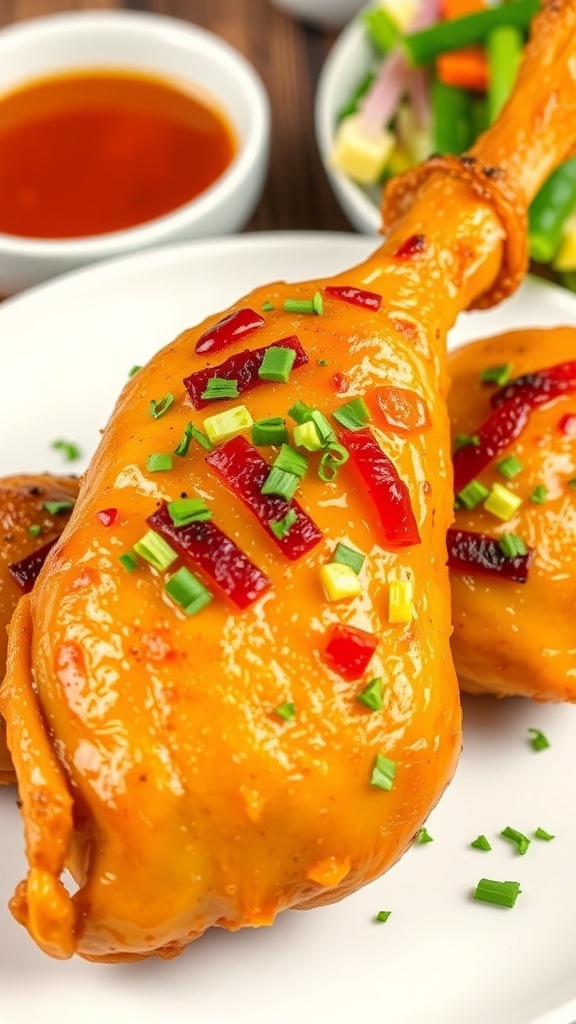 Crispy Air Fryer Chicken Recipe Crispy air fryer chicken on a plate with herbs and a side of vegetables.